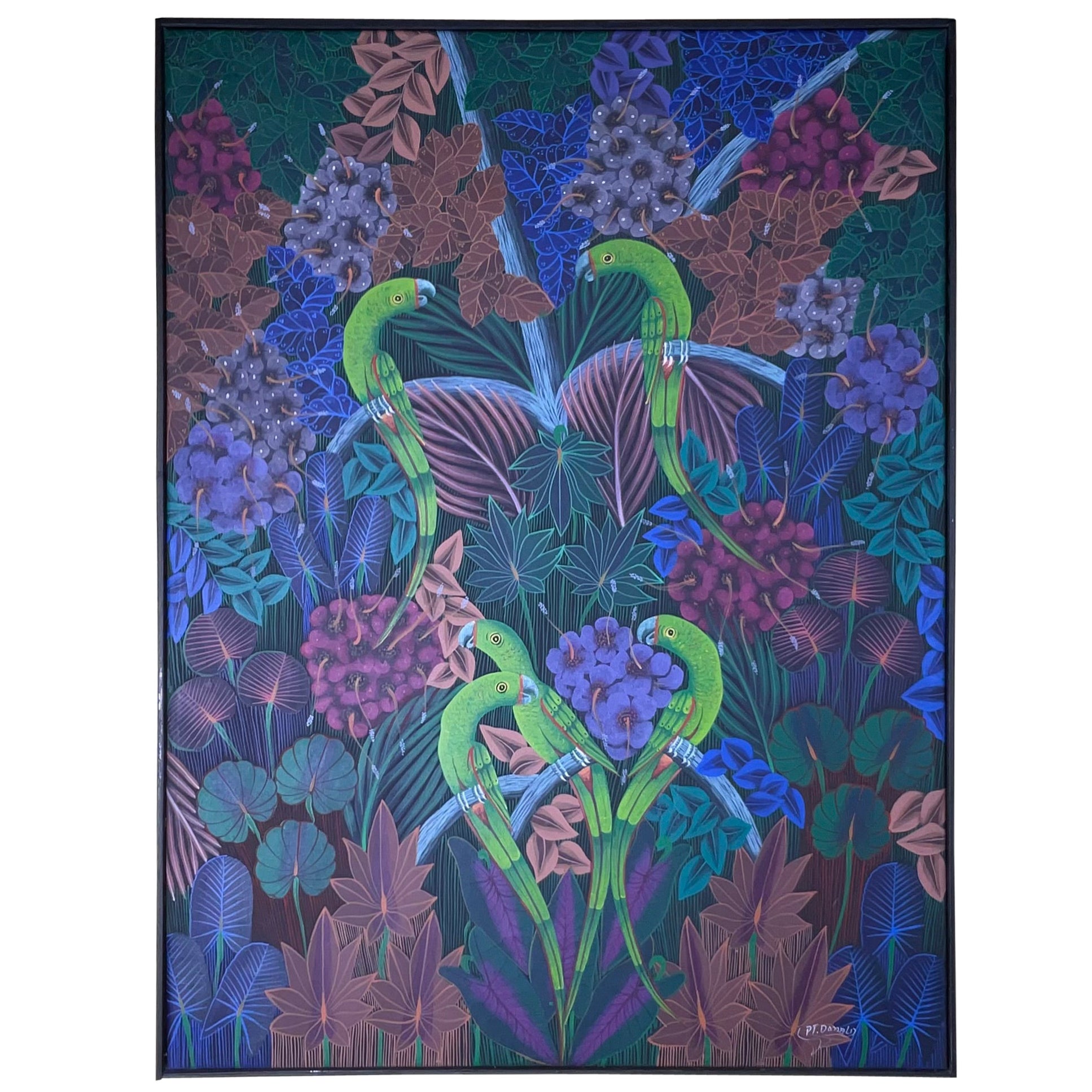 Cautivadora pintura acrílica haitiana: "Loros en la jungla" de P.T. Donald en venta