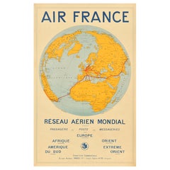 Cartel publicitario vintage original de viajes Air France Red Aérea Mundial Girard