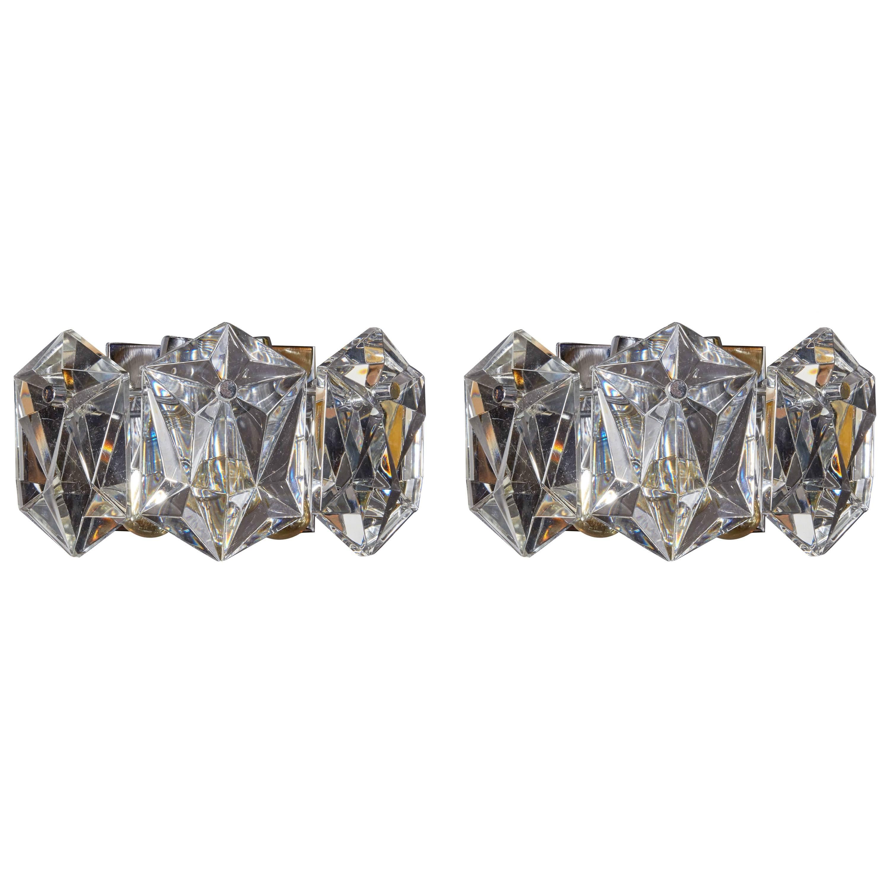 Pair of Petite Faceted Crystal Sconces Designed by Kinkeldey