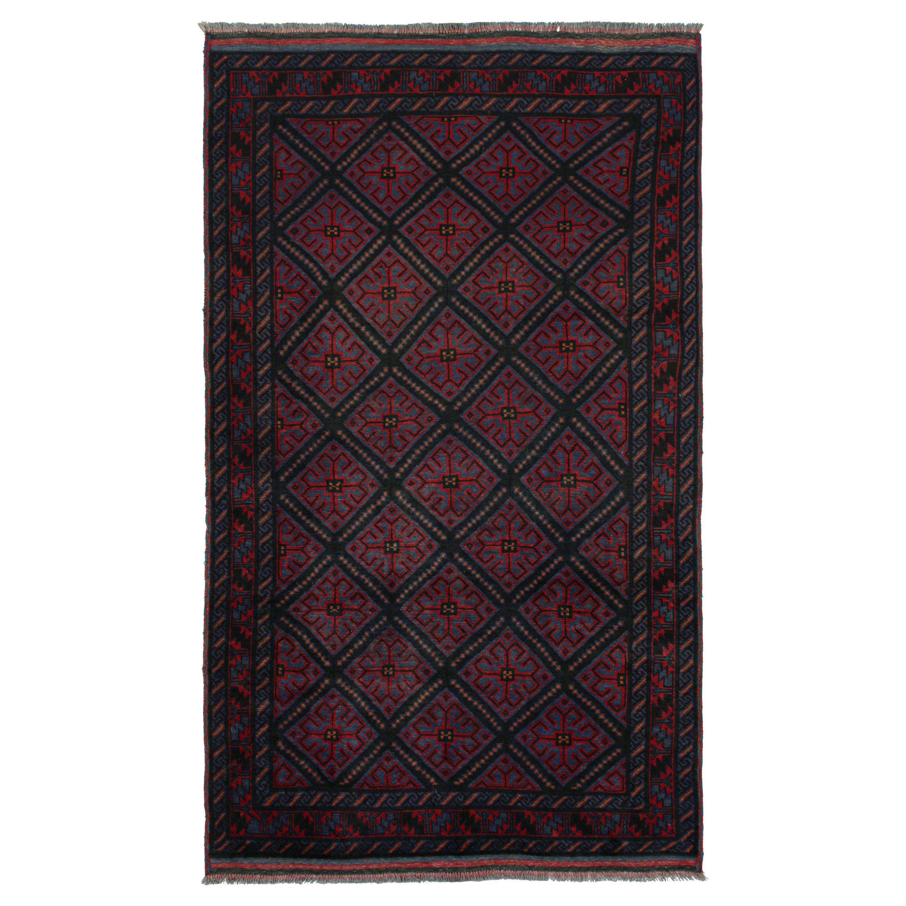 Rug & Kilim’s Afghan Baluch Tribal Rug in Burgundy and Blue Geometric Patterns For Sale
