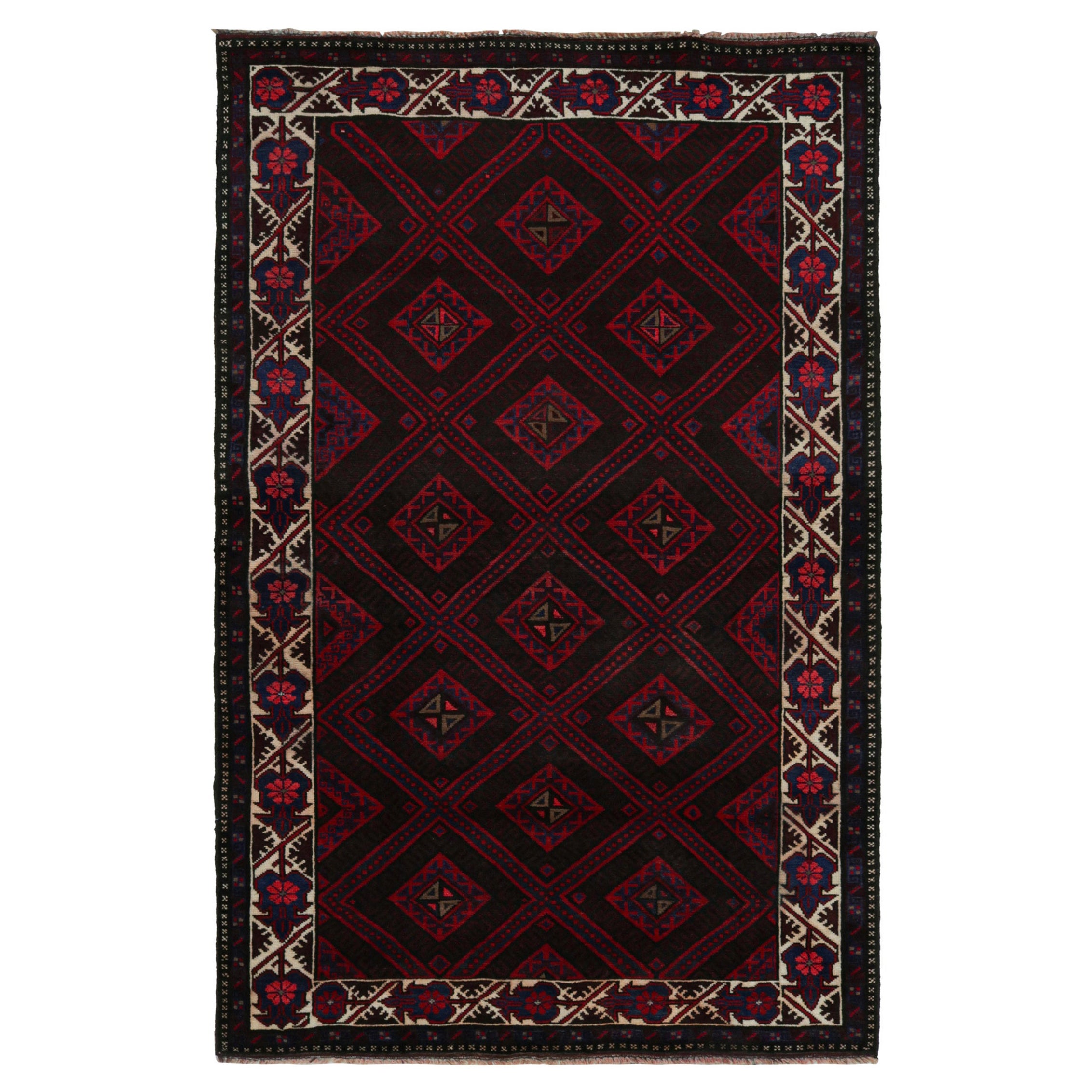 Rug & Kilim’s Mashwani Afghan Baluch Rug in Red and Blue Geometric Patterns For Sale