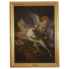 Olio olandese su tela, "Cani che combattono contro un airone", dopo Abraham Hondius (1625-1695)