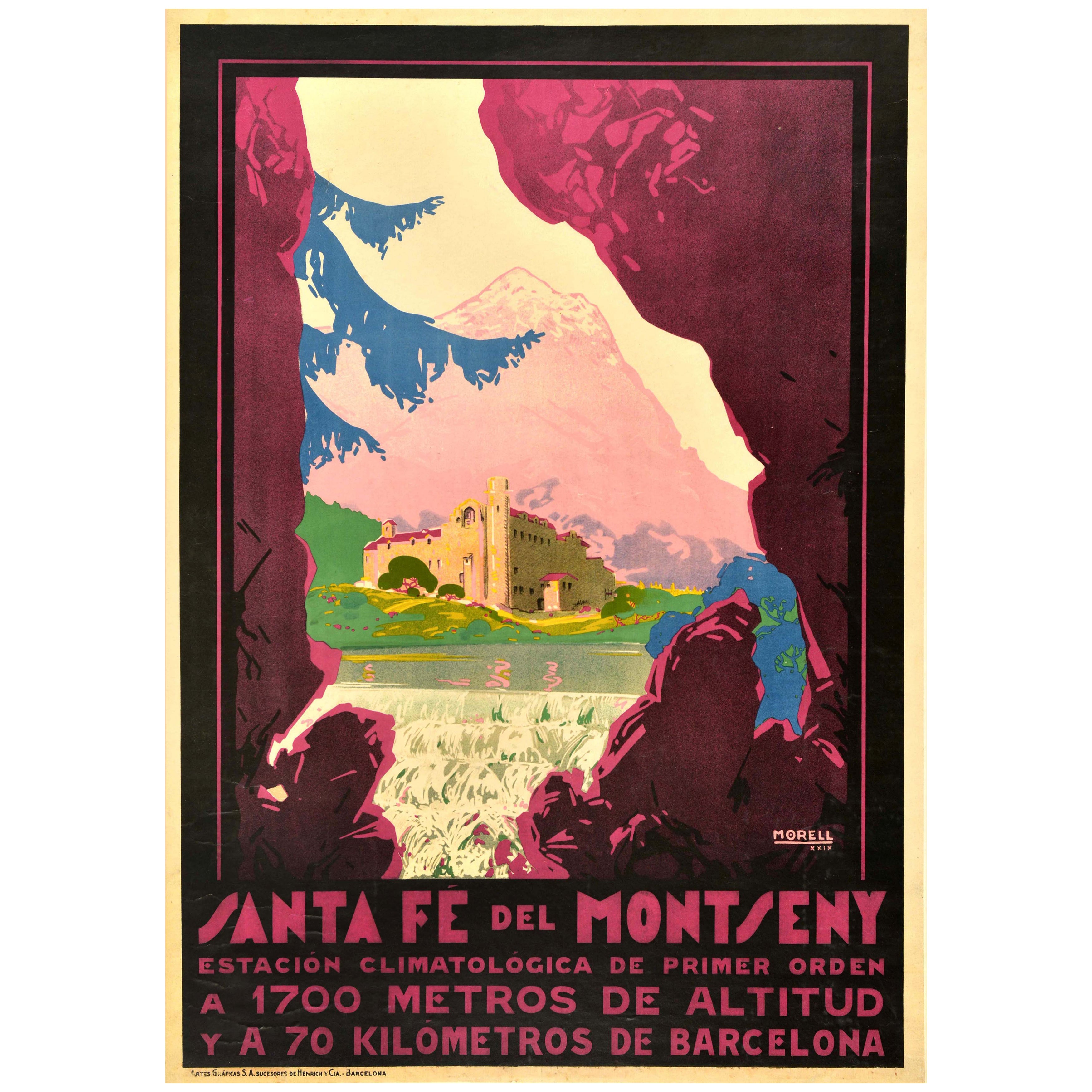 Poster di viaggio originale d'epoca Santa Fe Del Montseny Spagna Josep Morell Espana