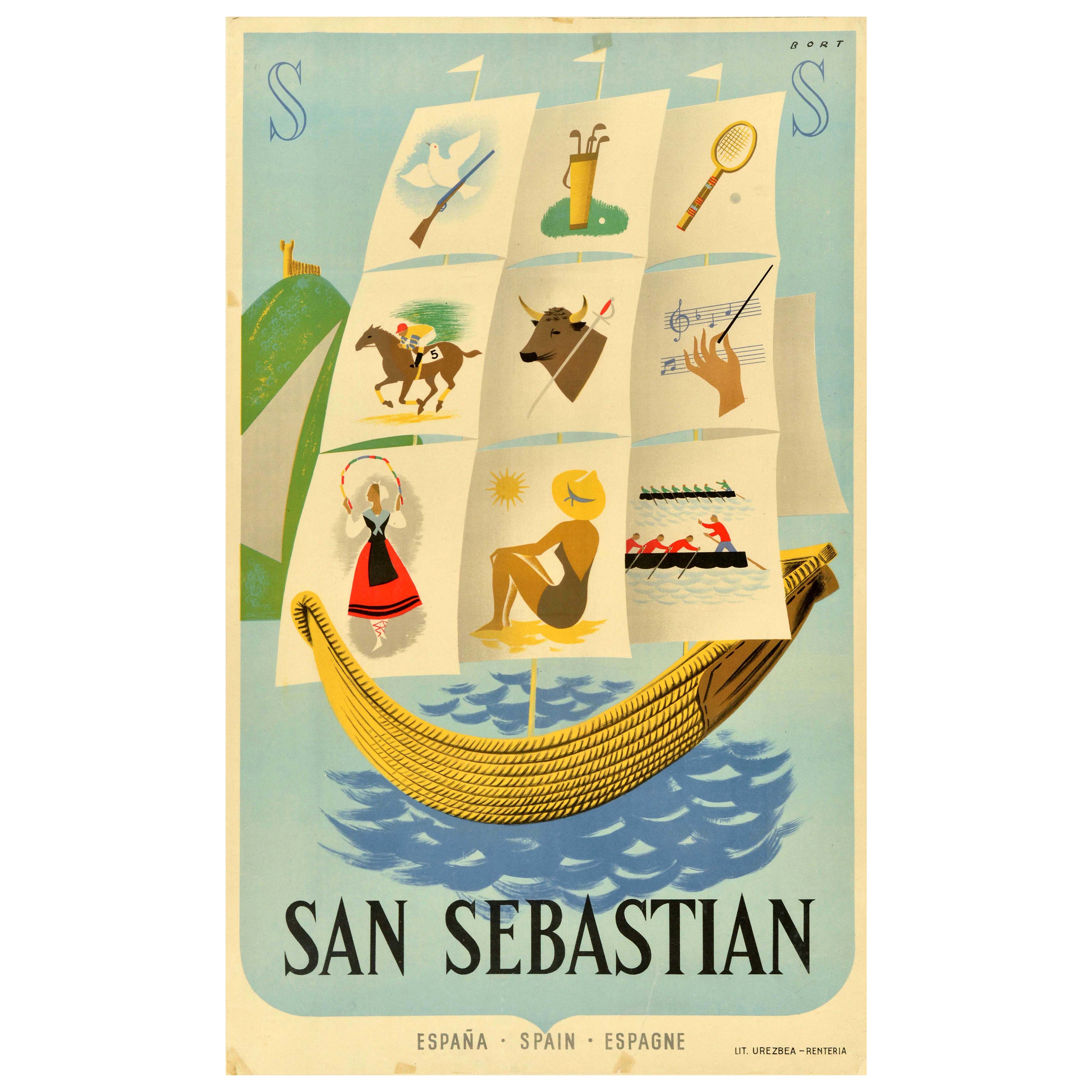 Original Vintage Travel Poster San Sebastian Spanien Segelboot Espana Bort