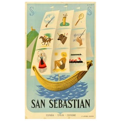Original Vintage Travel Poster San Sebastian Spain Sailing Boat Espana Bort