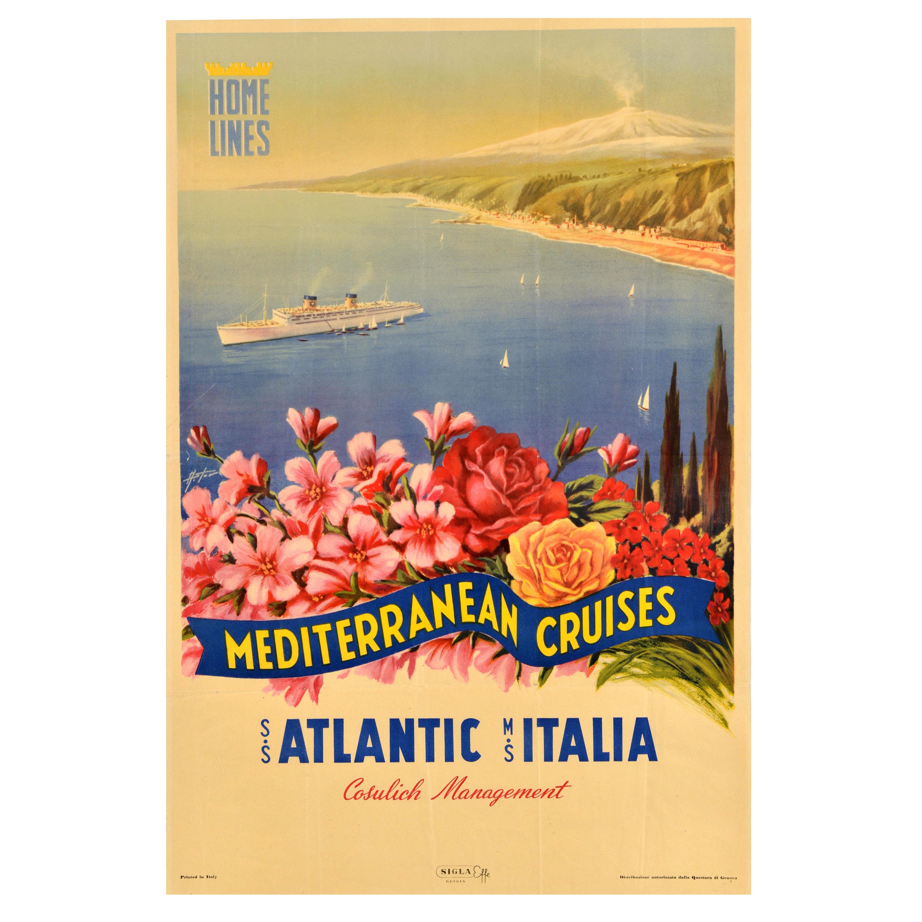 Póster de viaje original de época Cruceros por el Mediterráneo Home Lines Atlantic Italia en venta