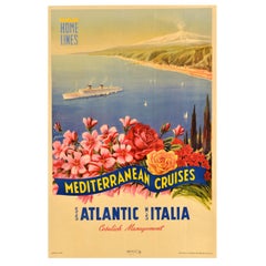 Póster de viaje original de época Cruceros por el Mediterráneo Home Lines Atlantic Italia