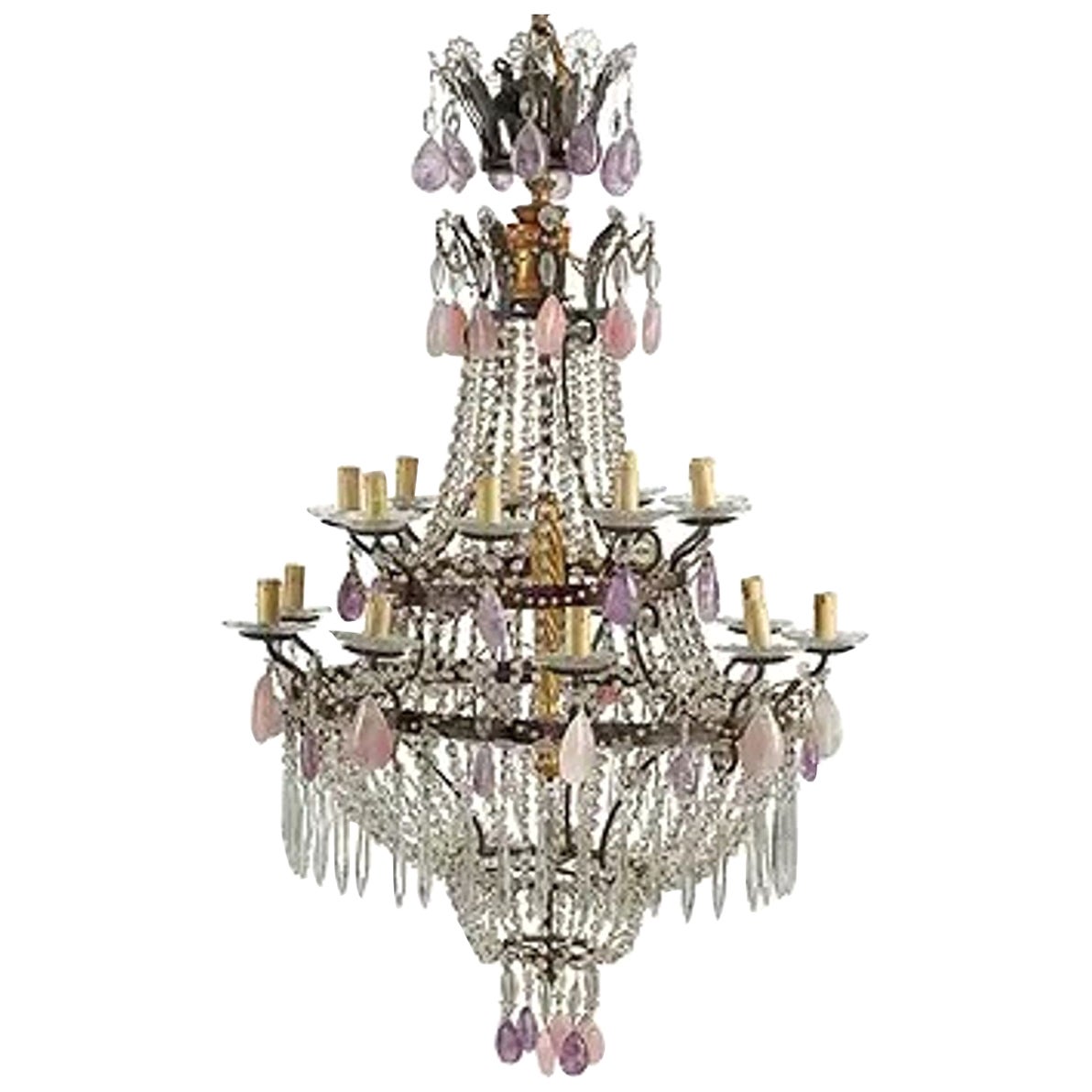 Großer antiker italienischer Rosenquarz Amethyst und Kristall Kronleuchter im Angebot