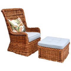 1960s Sculptural Braided Wingback Rattan Chair & Ottoman Set