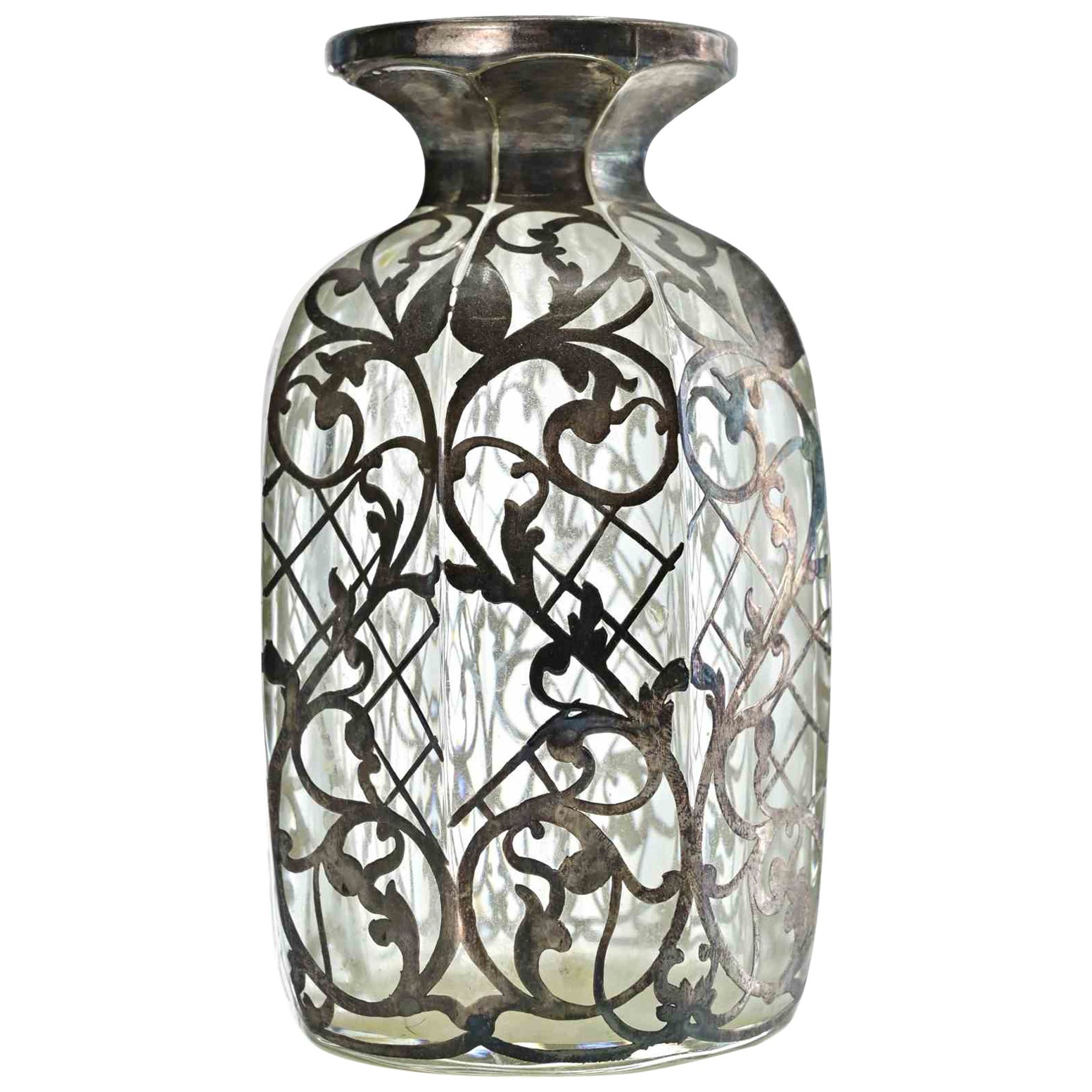 Art Nouveau Sterling Overlay Glass Bottle, Early 20th Century