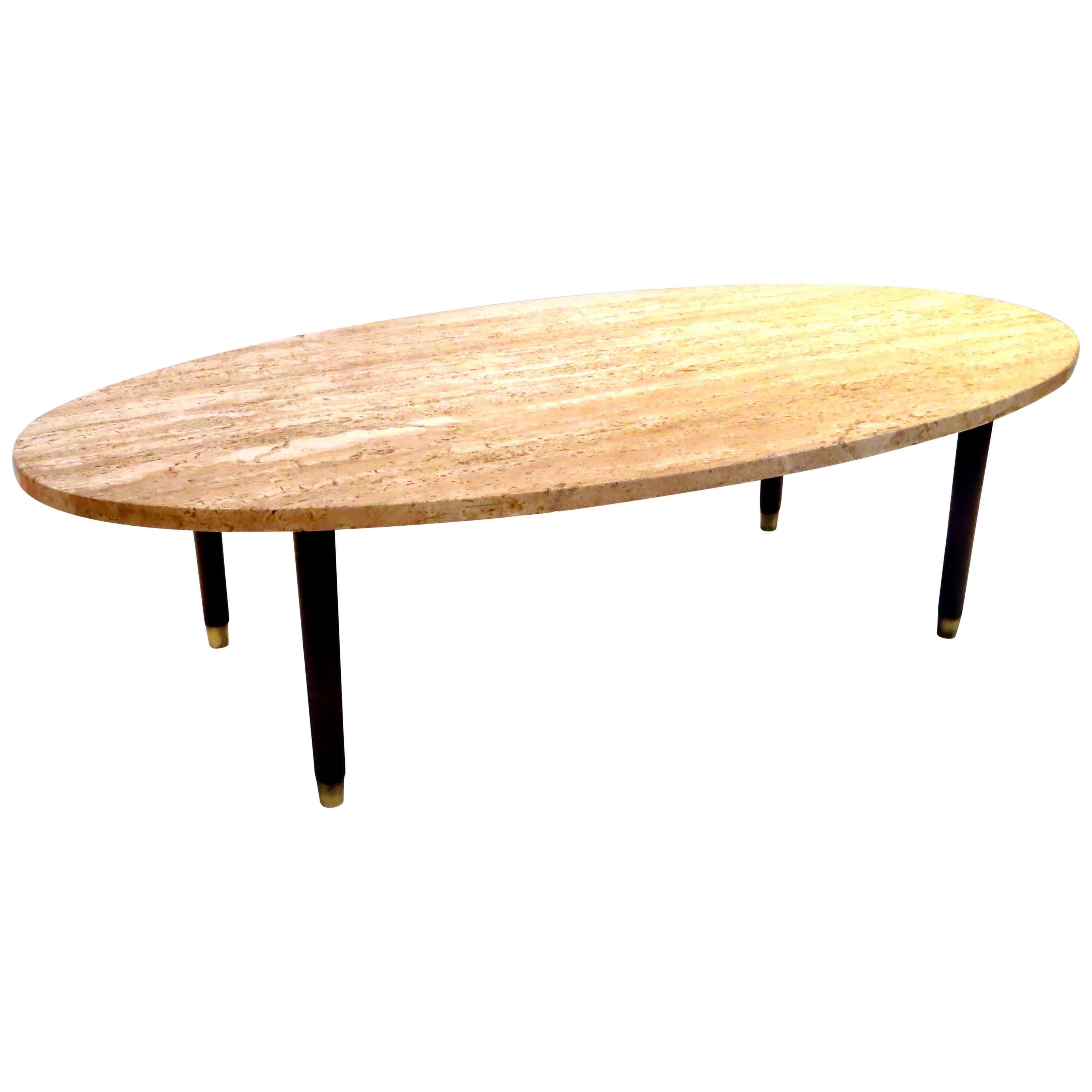 MidCentury Modern Marble and Wood Tapered Legs Oval Coffee Table at