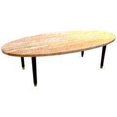 Mid-Century Modern Marble and Wood Tapered Legs Oval Coffee Table