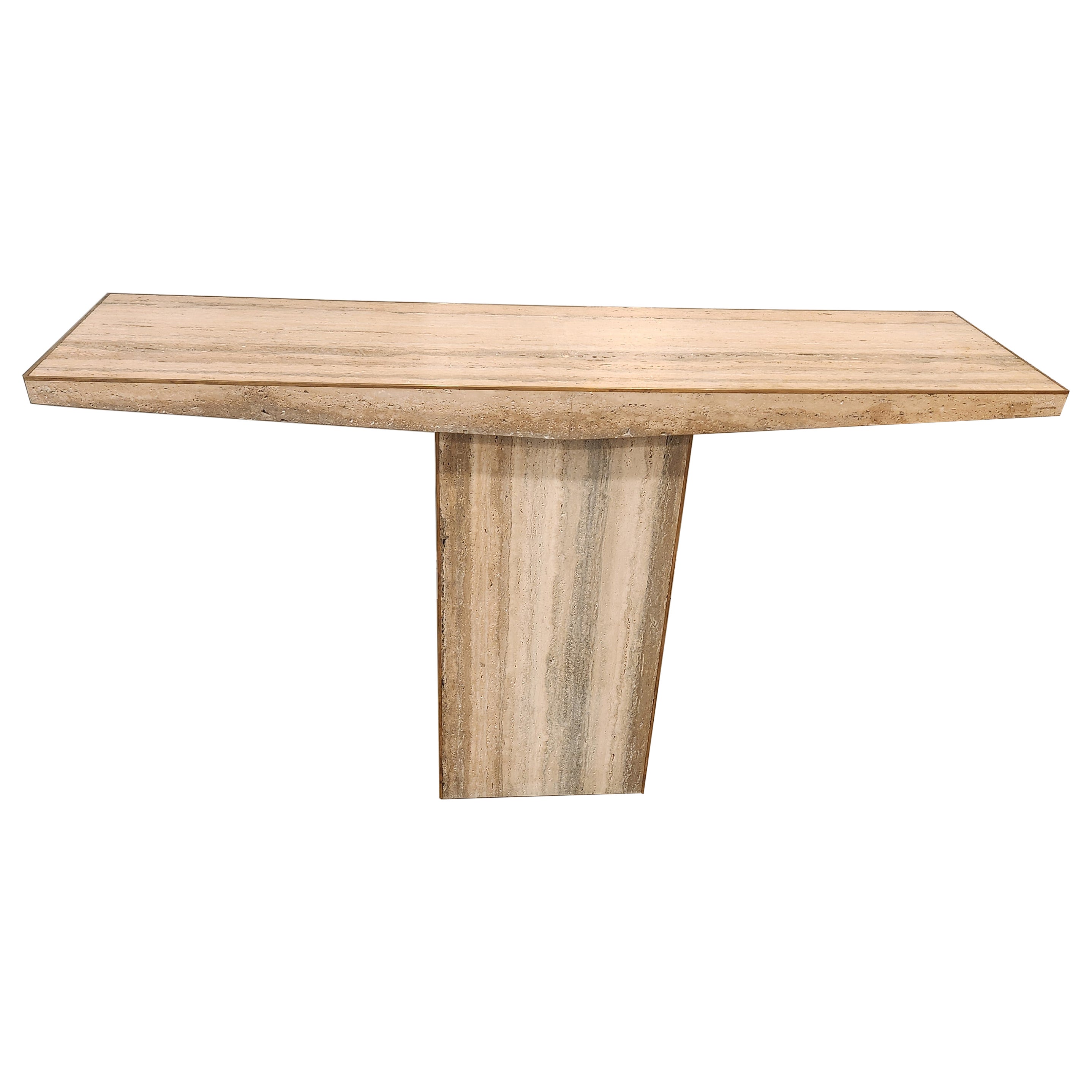 1970's Travertine Console Table with Brass Edge For Sale