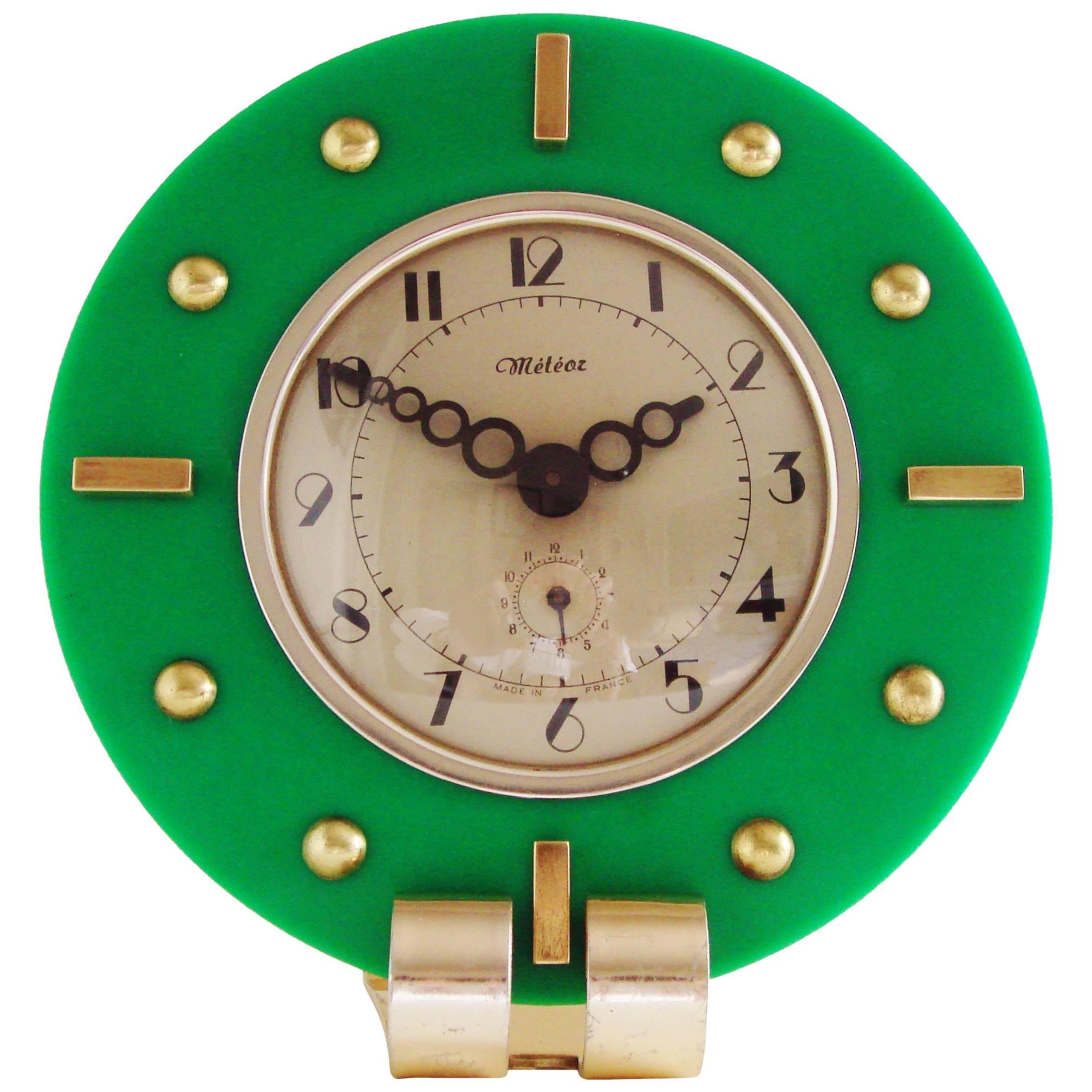 Stunning French Art Deco Green Lucite, Aluminium & Brass Mechanical Alarm Clock