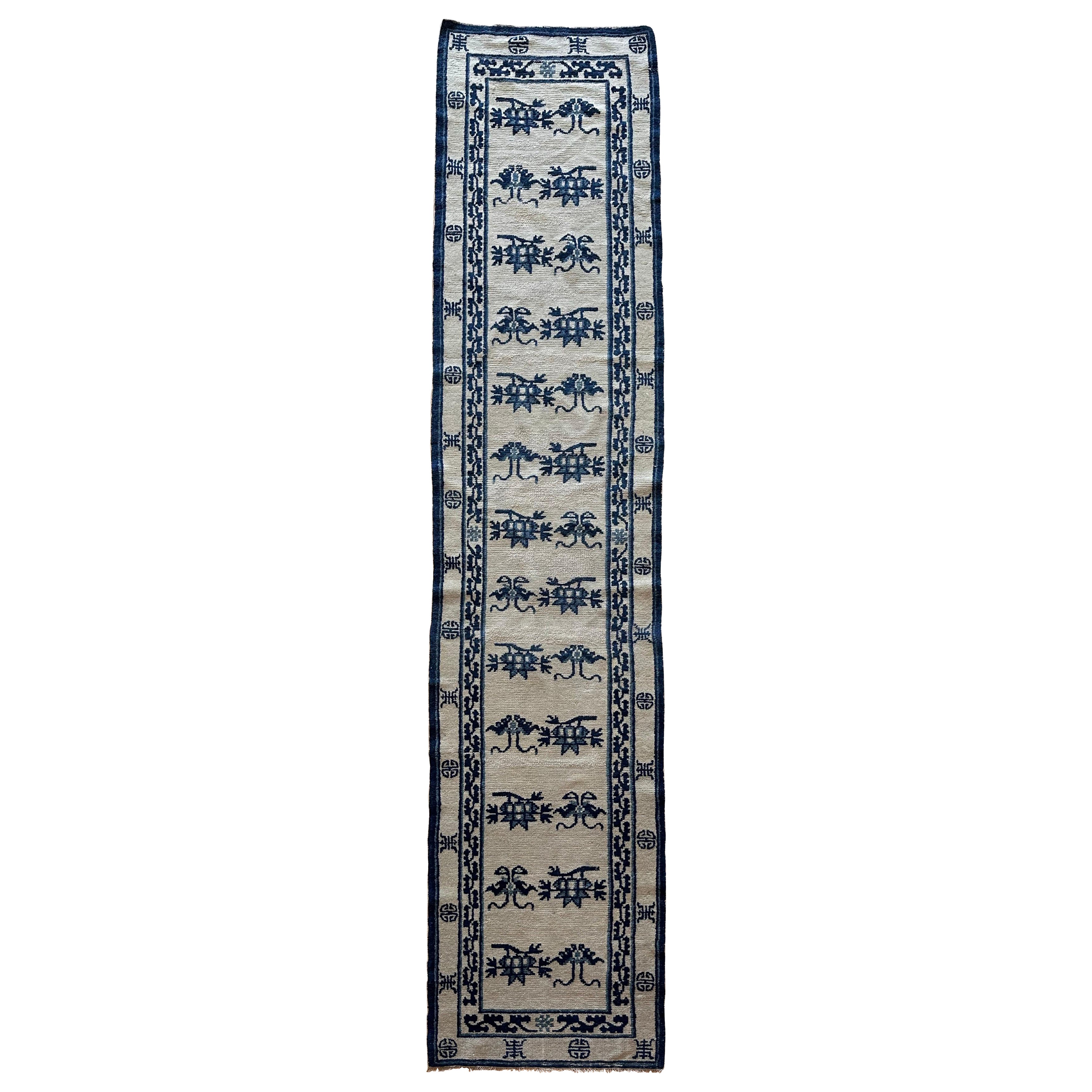 Antique Peking Chinese Runner, Handmade Oriental Rug, Circa 1870, Ivory and Blue For Sale