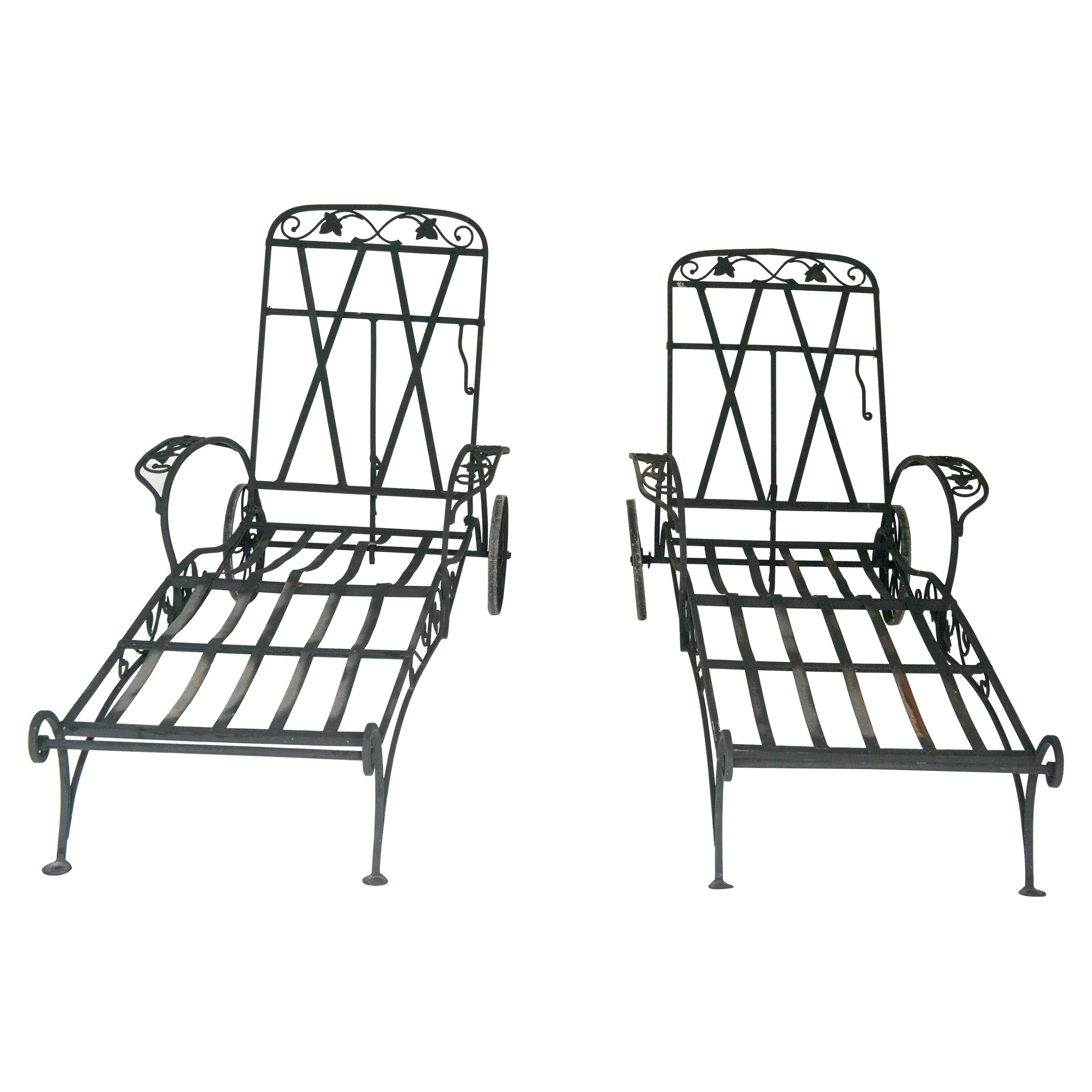 Pair of 1940s Salterini Wrought Iron Chaise Lounges