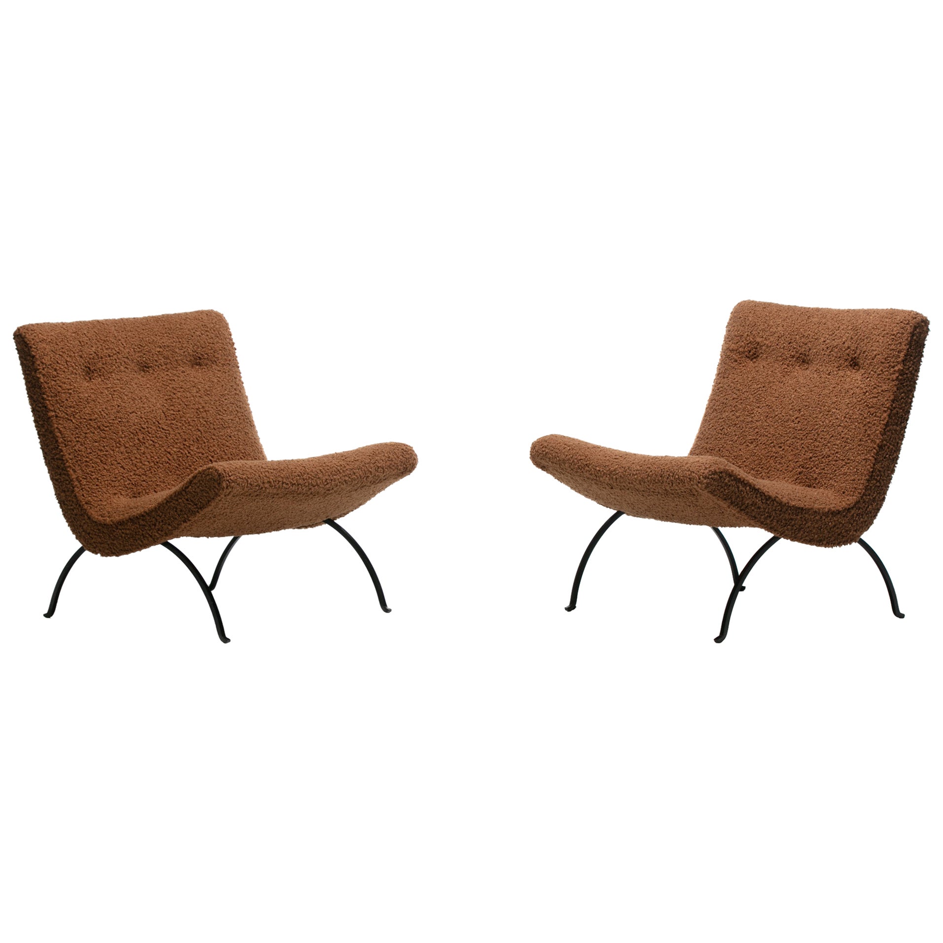 Pair of Milo Baughman Scoop Chairs in Cocoa Bouclé with Iron Legs c. 1950s For Sale