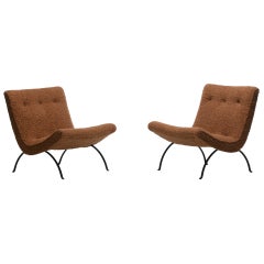 Pair of Milo Baughman Scoop Chairs in Cocoa Bouclé with Iron Legs c. 1950s