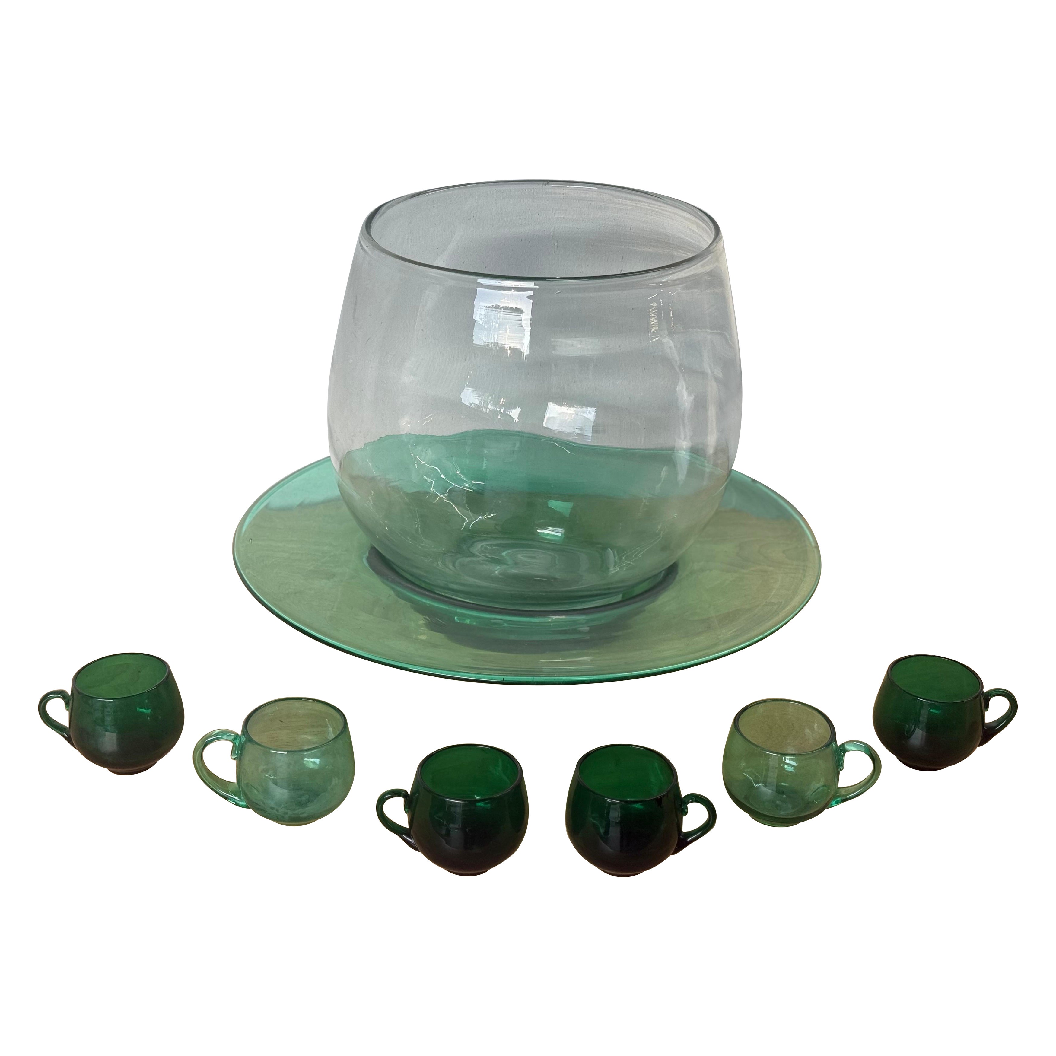 Blenko Glass Punch Bowls and Glasses with Service for Six For Sale