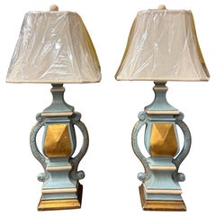 Italian Hand Carved, Painted and Gilt Wood Lamps in Turquoise and Gold, a Pair