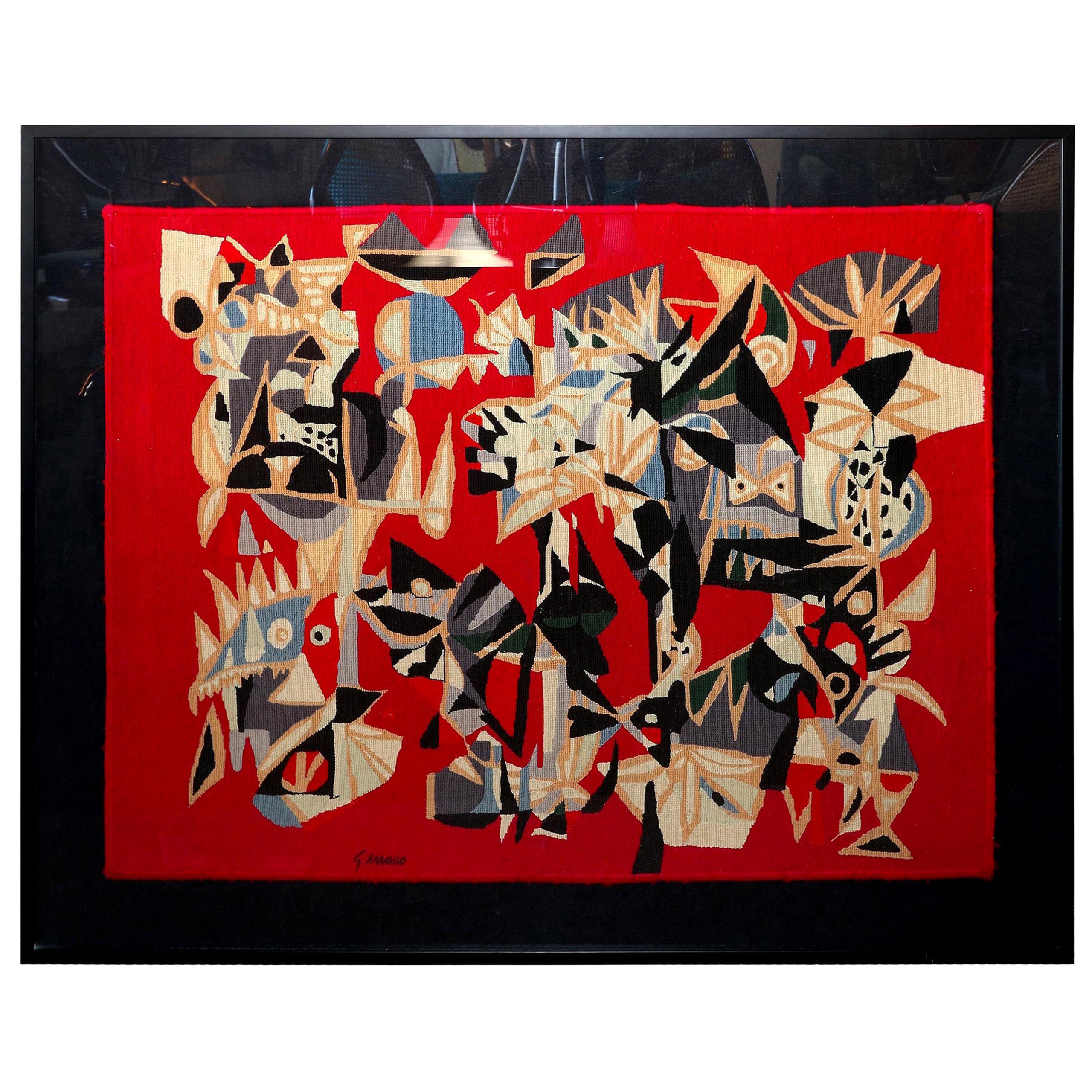 Brazilian Embroidered Abstract Red Tapestry by Genaro de Carvalho, 1960s For Sale