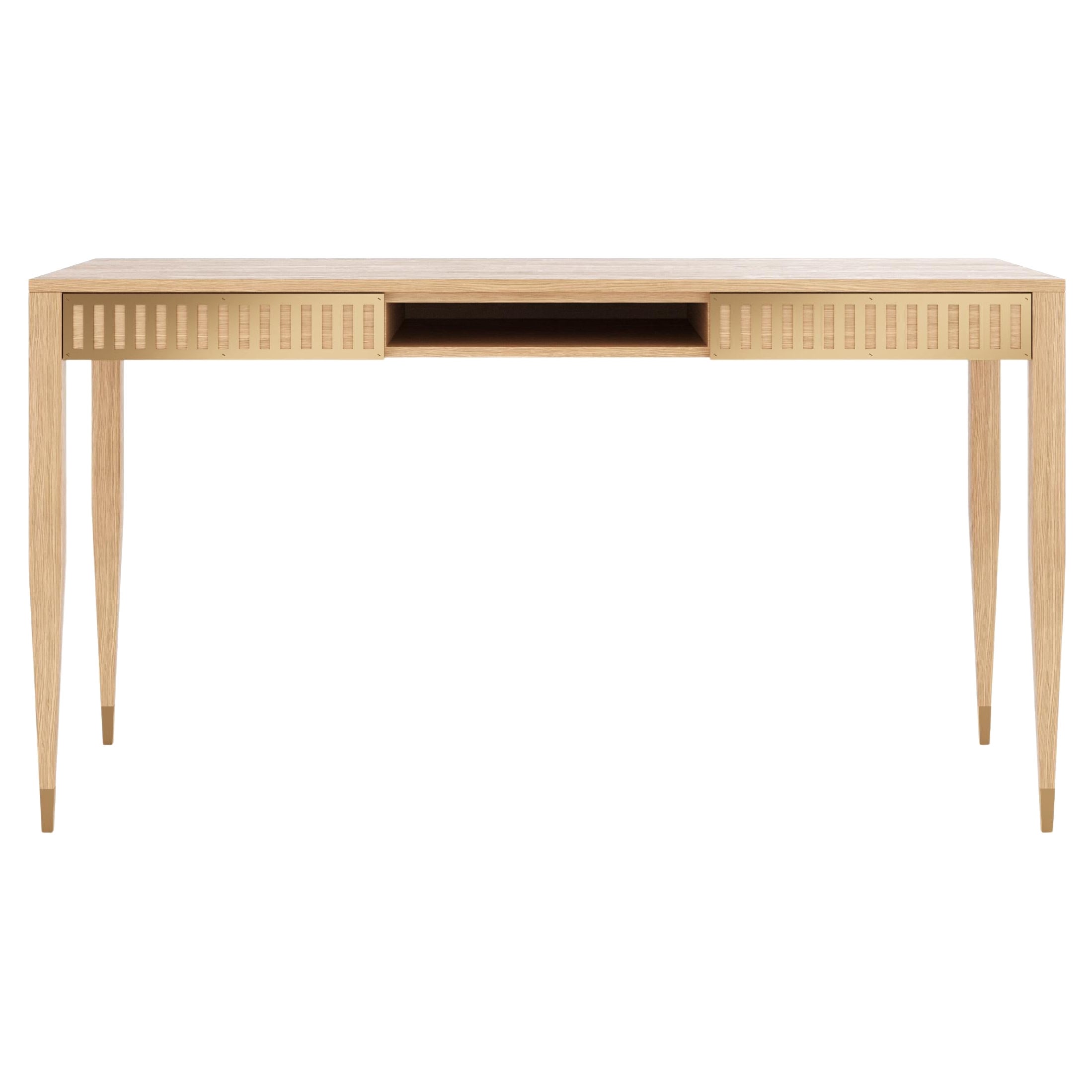 Large oak desk with drawers, shelf and brass fronts in mid century modern style