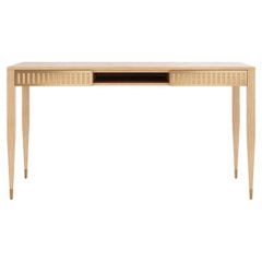 Large oak desk with drawers, shelf and brass fronts in mid century modern style