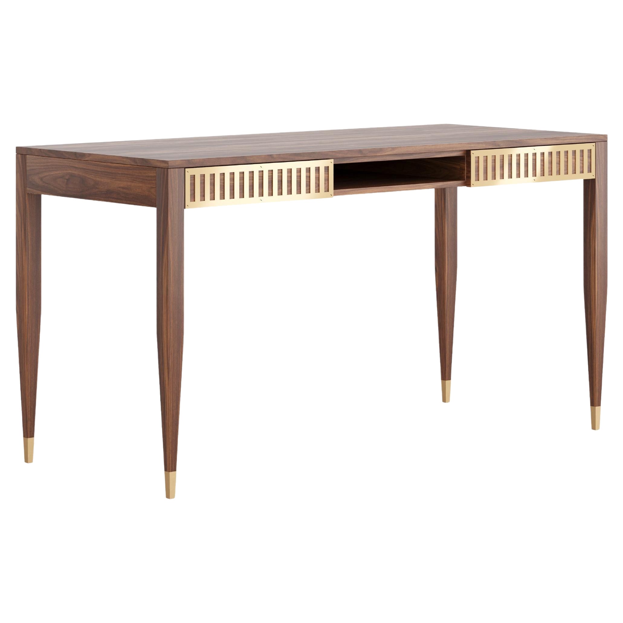 Large walnut desk with shelf and brass fronts in mid century modern style