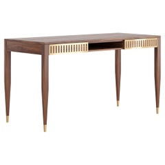 Large walnut desk with shelf and brass fronts in mid century modern style