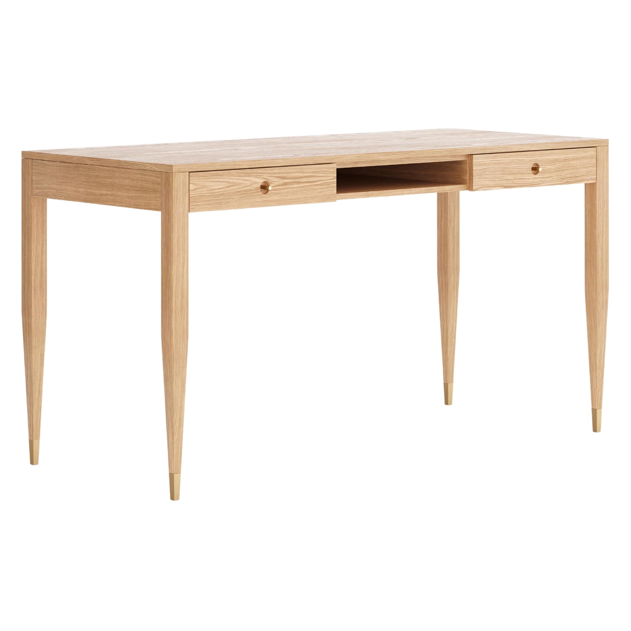 Large oak desk with two solid drawers and shelf in mid century modern style