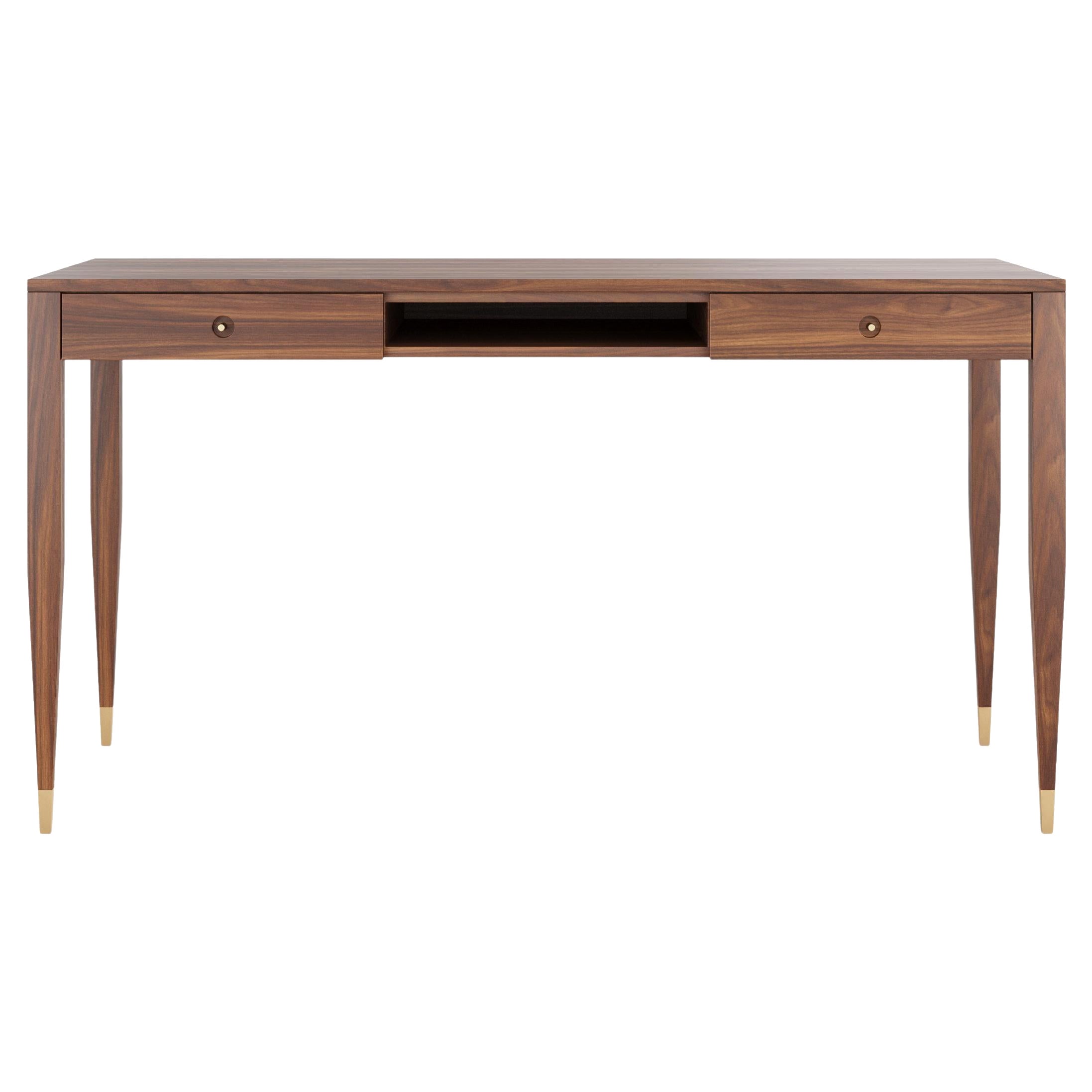 Large walnut desk with two solid drawers and shelf in mid century modern style