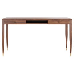 Large walnut desk with two solid drawers and shelf in mid century modern style