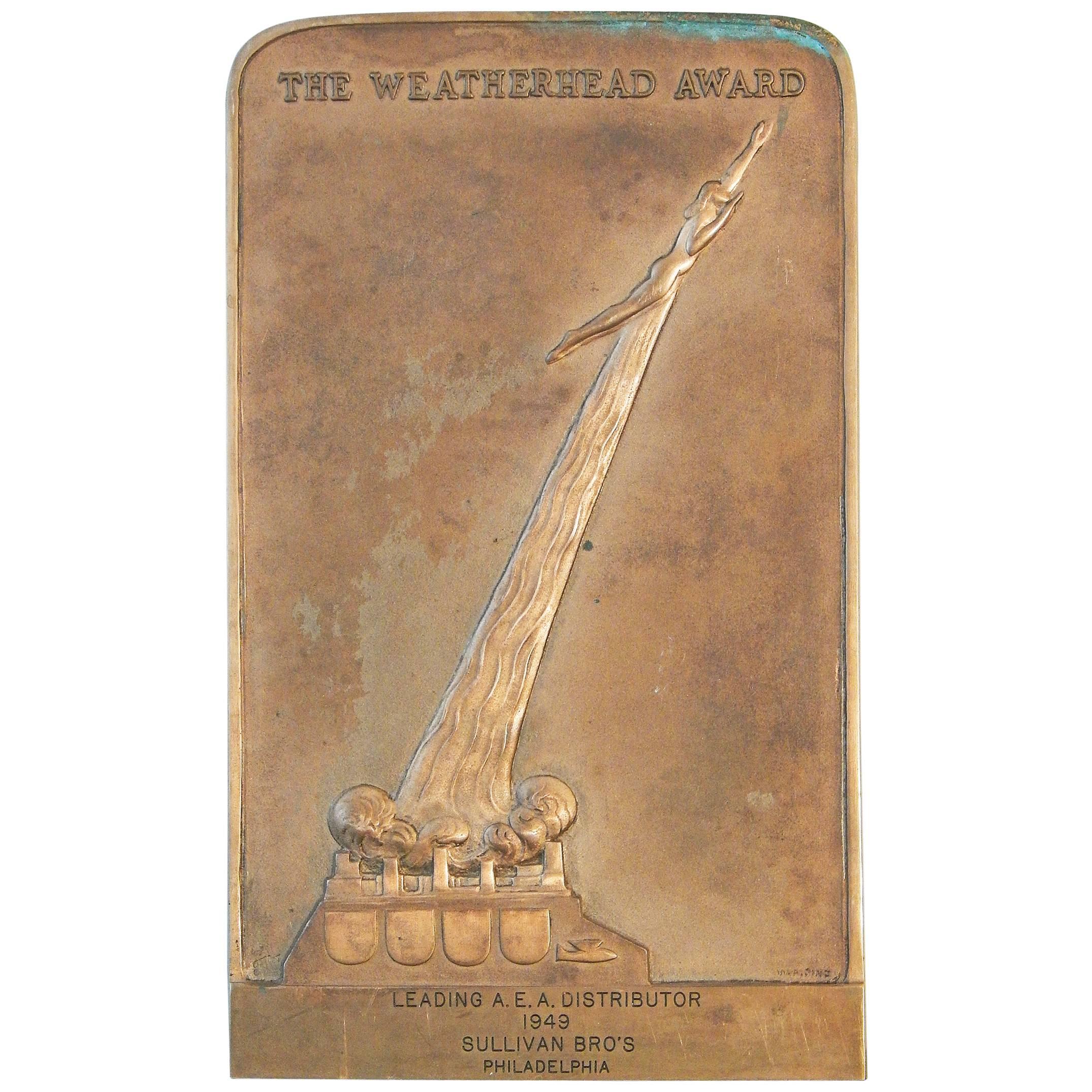 Rare panneau de bronze Art Déco pour l'excellence en aérospatiale « Weatherhead Award »