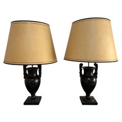 Pair of Neoclassical Lamps Antique Vase Decor, Black Resin, Circa 1970, France