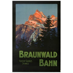 Original Antikes Reise-Werbeplakat Braunwald Bahn Kanton Glarus Schweiz