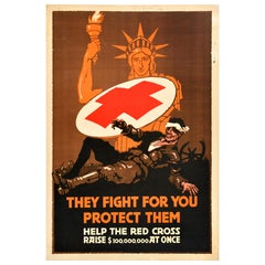 Original Antique World War One Poster They Fight For You Red Cross WWI USA
