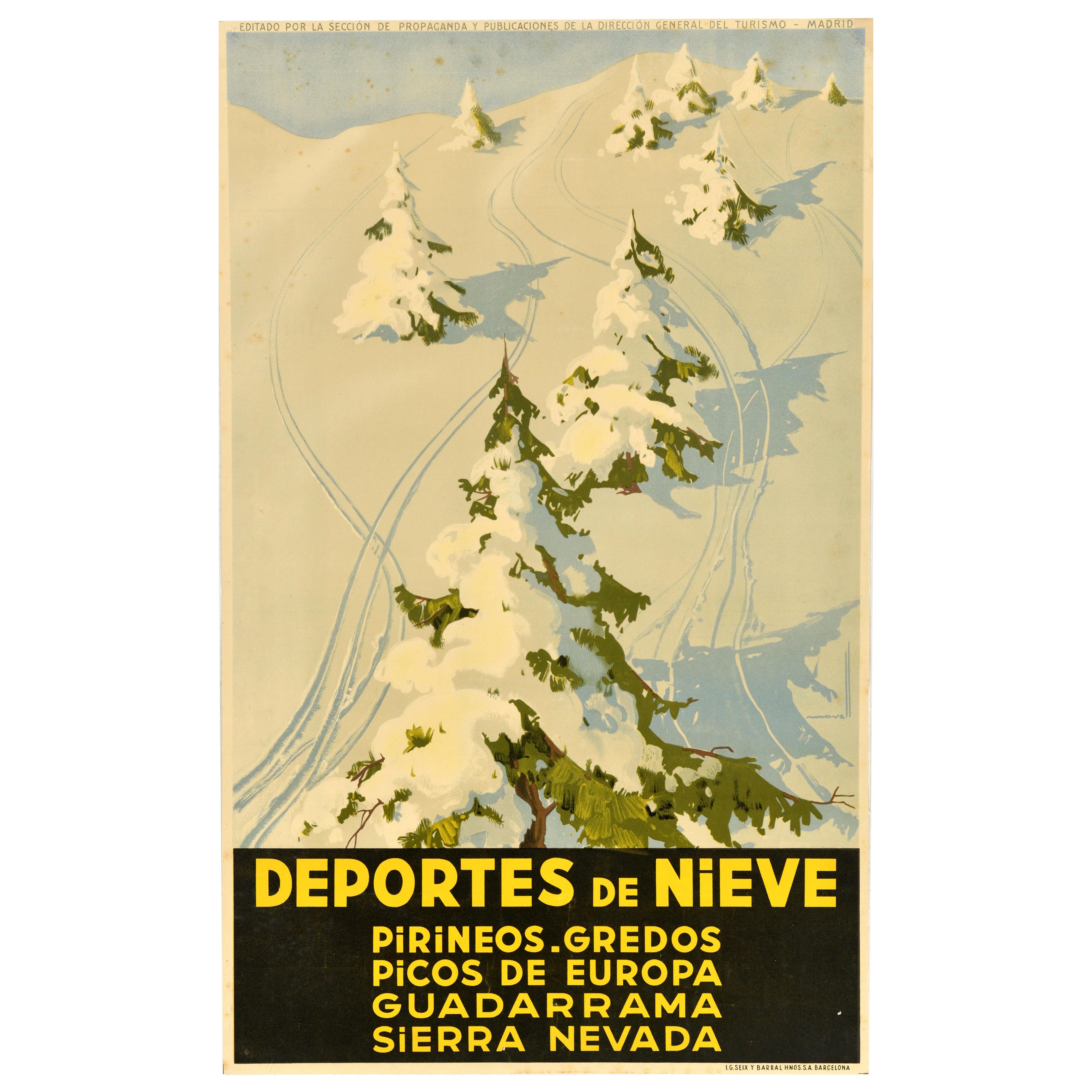 Original Vintage Ski Travel Poster Snow Sports Deportes De Nieve Pyrenees Spain