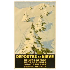 Original Vintage Ski Travel Poster Snow Sports Deportes De Nieve Pyrenees Spain