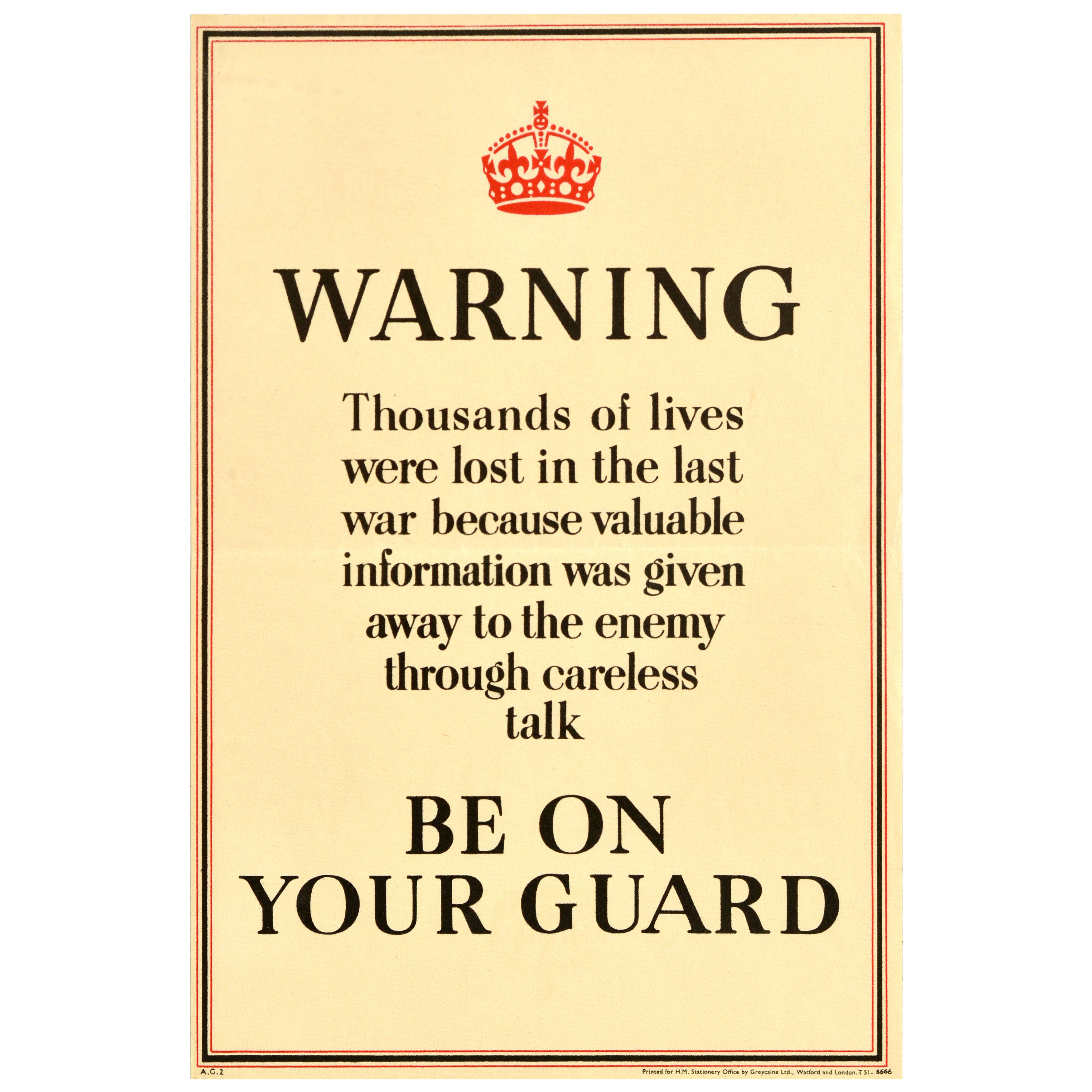 Poster originale d'epoca sul fronte interno della Seconda Guerra Mondiale: Avvertitevi di stare in guardia WWII