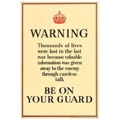 Poster originale d'epoca sul fronte interno della Seconda Guerra Mondiale: Avvertitevi di stare in guardia WWII