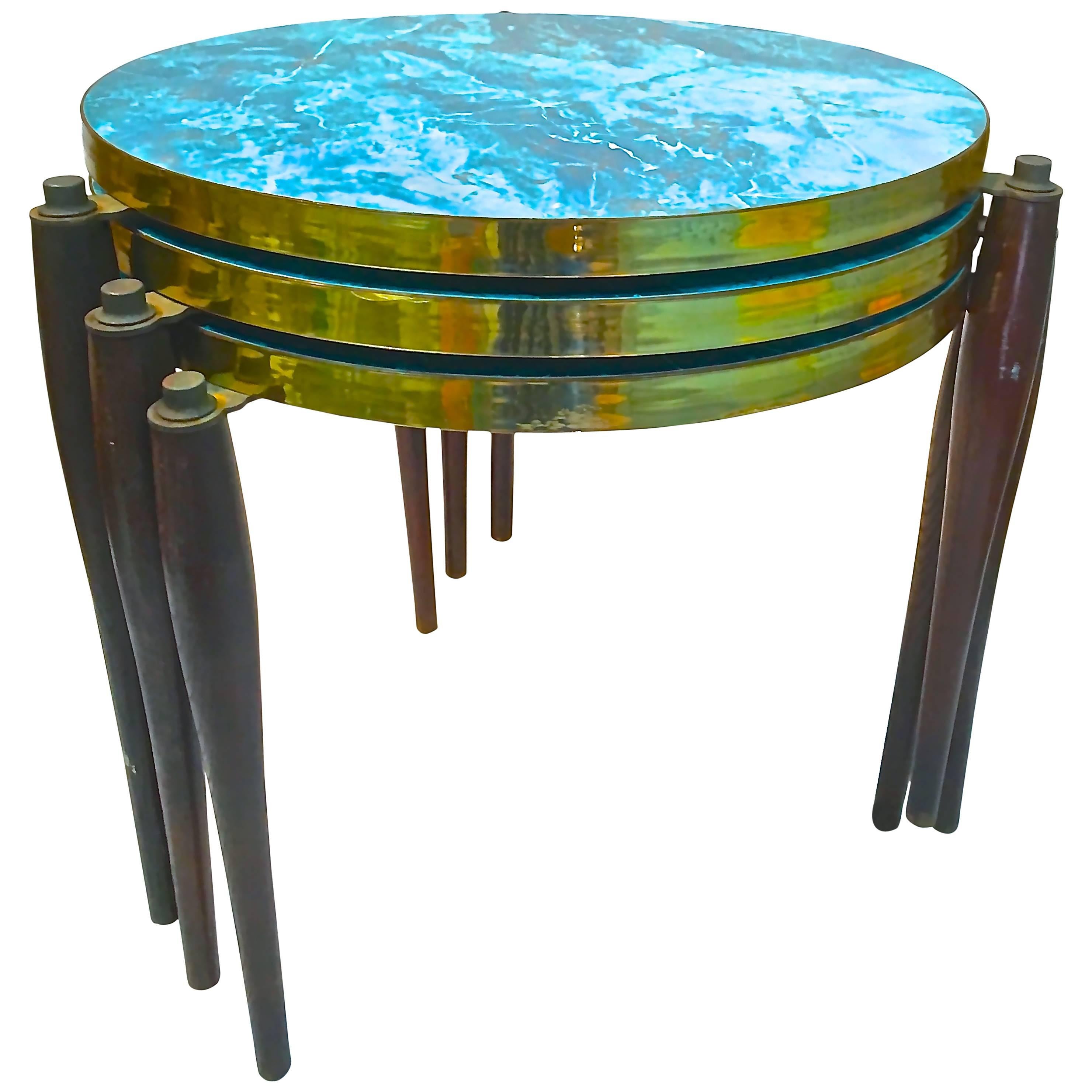 1950s Stacking Tables in Aqua Laminate with Brass Details