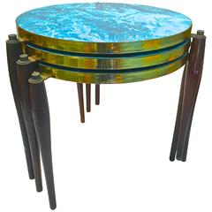 1950s Stacking Tables in Aqua Laminate with Brass Details