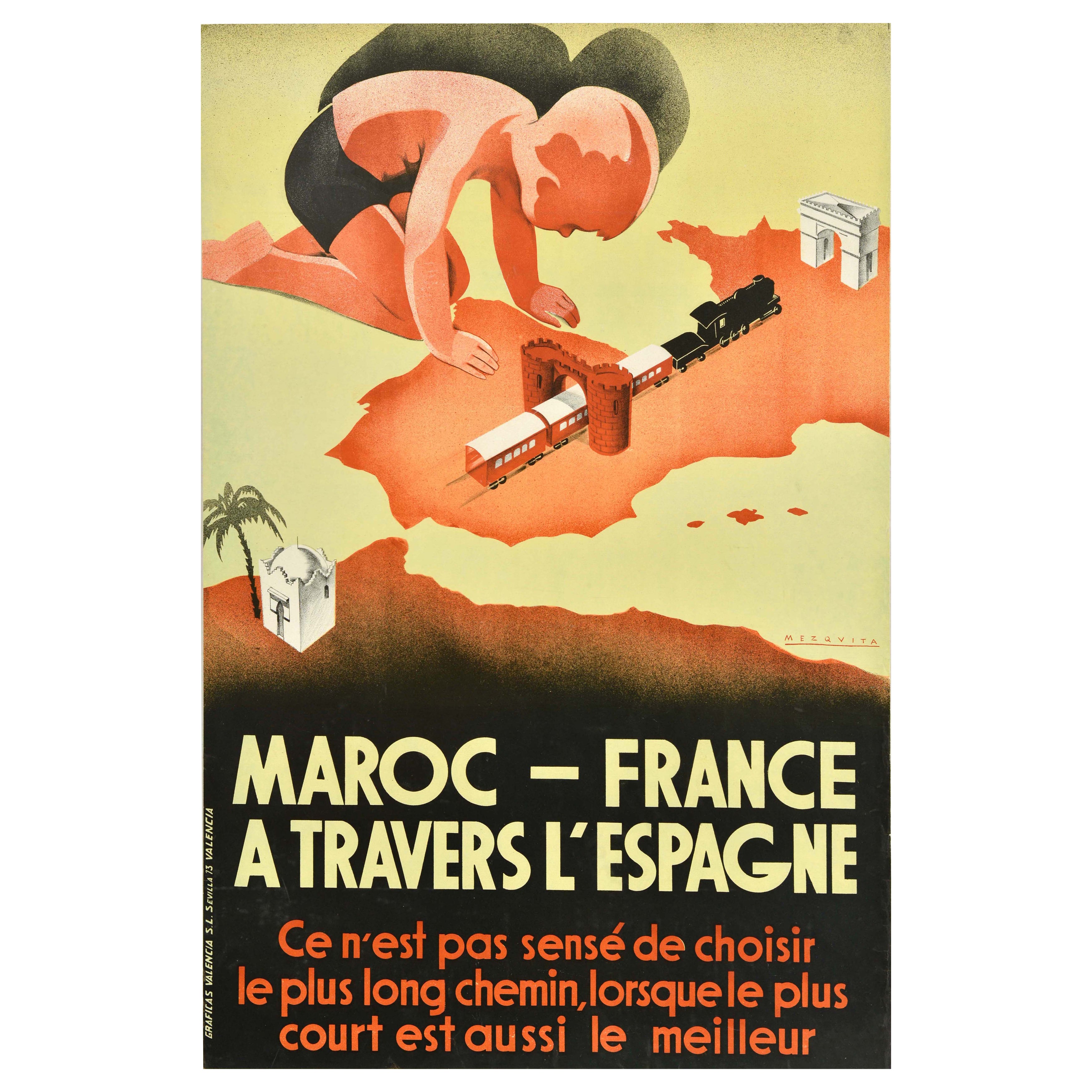 Poster di viaggio originale d'epoca Marocco Francia Spagna Itinerario più breve Mezquita in vendita