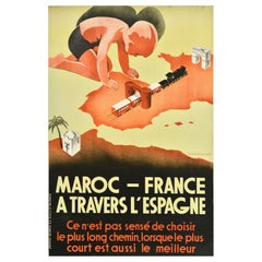 Poster di viaggio originale d'epoca Marocco Francia Spagna Itinerario più breve Mezquita