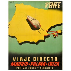 Poster di viaggio originale d'epoca Renfe Madrid Palma Ibiza Valencia Alicante Spagna