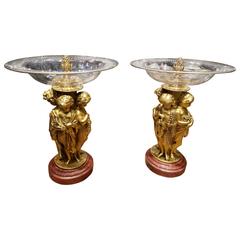 Pair of First Quality 19th Century Gilt Bronze and Cut Crystal Cherub Compotes