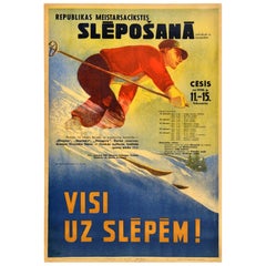Original Vintage Winter Sport Poster Latvian Republic Skiing Championship USSR