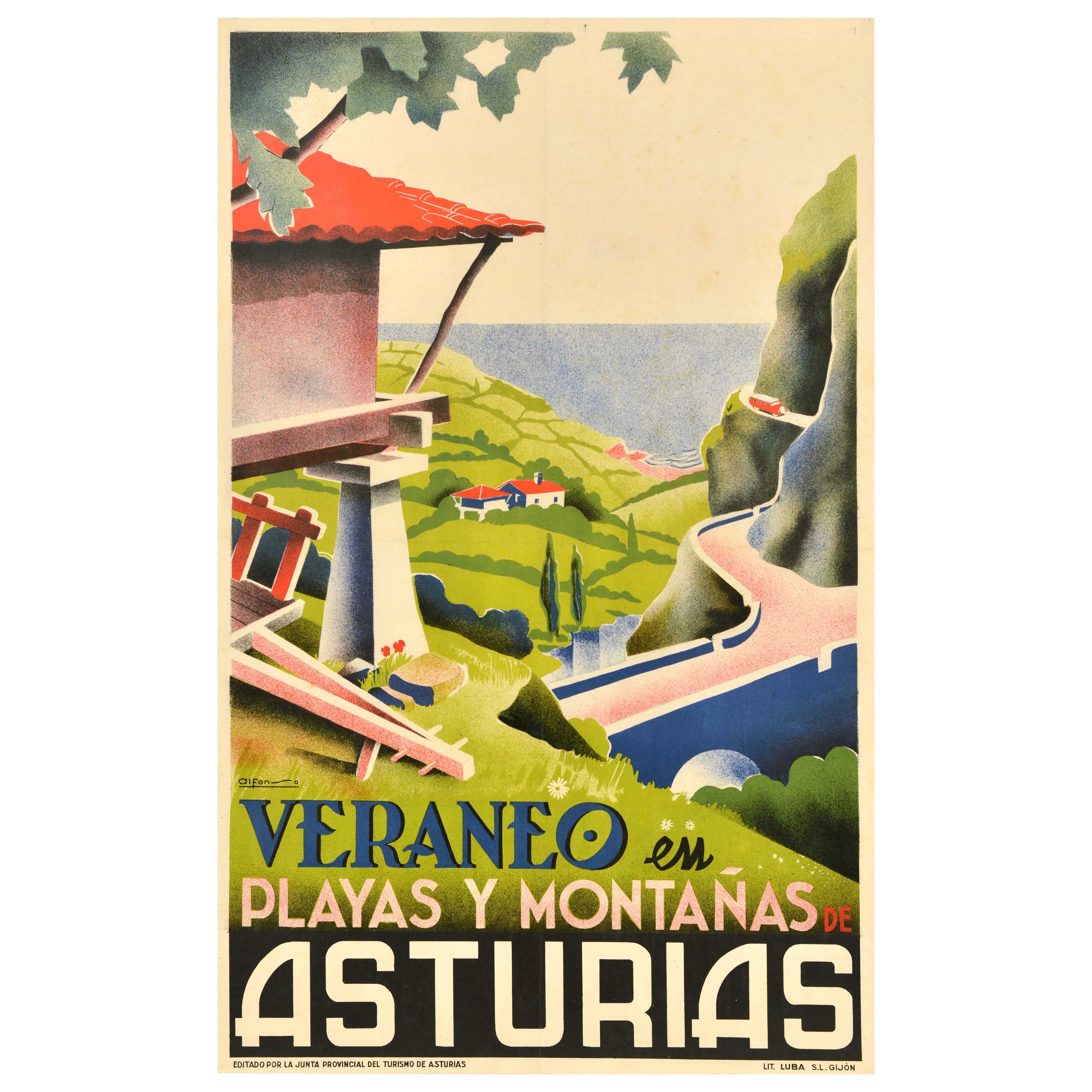 Poster di viaggio originale d'epoca Asturie Vacanze estive Spiagge Montagne Spagna