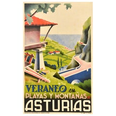 Poster di viaggio originale d'epoca Asturie Vacanze estive Spiagge Montagne Spagna