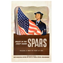 Poster di reclutamento originale della guerra mondiale Spars Guardia costiera USA Marina WWII